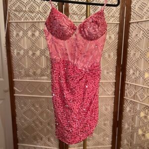 Elegant Pink Velvet Sequin Mini Dress